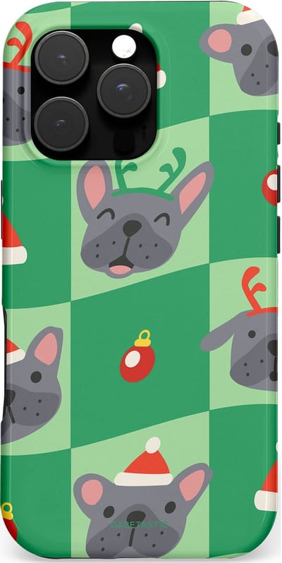 Casetastic hoesje geschikt voor Apple iPhone 16 Pro - MagSafe - Dubbellaagse bescherming - Schattige Kersthondjes - Fashion Case - Groen Grijs