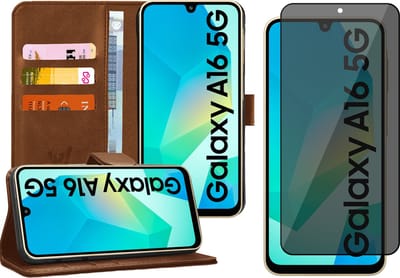 Hoesje geschikt voor Samsung Galaxy A16 - Privacy Screenprotector Volledig Dekkend Glas - Portemonnee Book Case Bruin