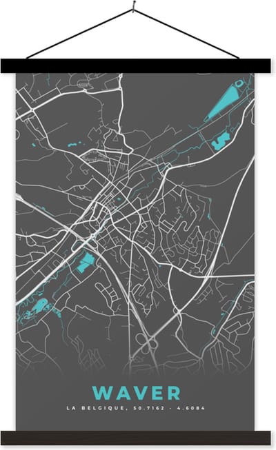 Posterhanger incl. Poster 40x60 cm - Schoolplaat - Plattegrond – Waver – Blauw – Stadskaart - Kaart - Textielposter - Zwarte latten - Stadskaart