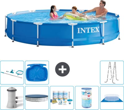 Intex Rond Frame Zwembad - 366 x 76 cm - Blauw - Inclusief Pomp - Afdekzeil - Onderhoudspakket - Filter - Grondzeil - Schoonmaakset - Ladder - Voetenbad - 9-delig