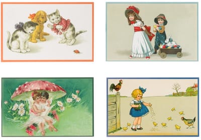 Nostalgische kaarten - 4 stuks - Franz_Josef - Klassieke Vintage afbeeldingen - nostalgische ansichtkaarten - prentbriefkaart - dieren - kinderen - Feestelijk - verjaardag -Oude Brocante briefkaarten
