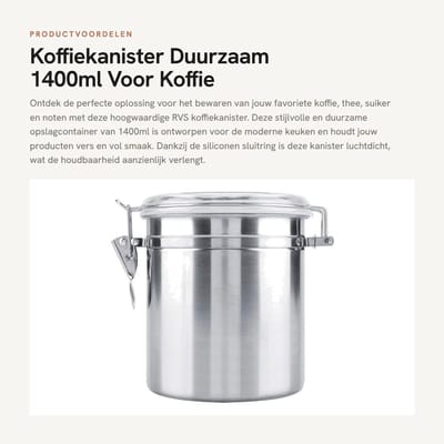 Dailygoods- Koffiebus Luchtdicht - Opbergcontainer - Roestvrij Staal - 1400ml - Voor Koffie/Thee/Zucker - Siliconen Afdichtingsring
