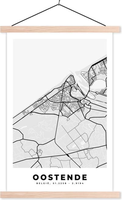 Posterhanger incl. Poster 40x60 cm - Schoolplaat - België – Oostende – Stadskaart – Kaart – Zwart Wit – Plattegrond - Textielposter - Blanke latten - Stadskaart