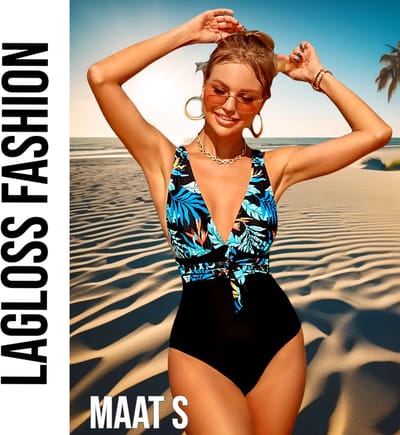LaGloss® Badpak Blauw Zwart – Tropische Print & Diepe V-Hals – Damesbadpak Maat S
