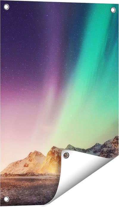 Gards Tuinposter Noorderlicht in de Bergen met Sneeuw - 40x60 cm - Tuindoek - Tuindecoratie - Wanddecoratie buiten - Tuinschilderij