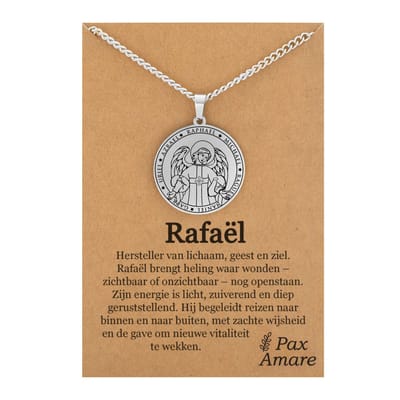 Aartsengel Rafaël Ketting op Cadeau Kaartje - Zilverkleurig - Beschermengel Talisman / Medalion - Engelen Hanger - 60cm