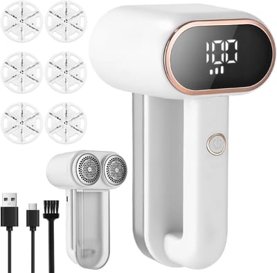 Elektrisch pluisscheerapparaat, dubbele kop, oplaadbare pluisverwijderaar voor kleding en meubels, ledlicht, instelbare 3-voudige snelheid, 6 bladen, USB-opladen
