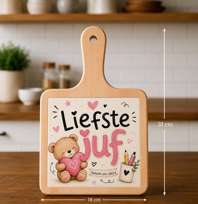 Kaasplank met Tegel Liefste Juf – Bedankcadeau voor Juf – Houten Serveerplank 18x31 cm – Cadeau Einde Schooljaar
