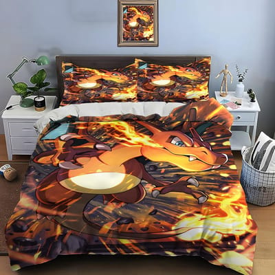10 Maten Pokémon Charizard Print Beddengoed Set 3 Stuks Set Bed King Size Kussensloop Volwassen Bedovertrek Slaapkamer Bedset voor Cadeaus US Full 200X230cm