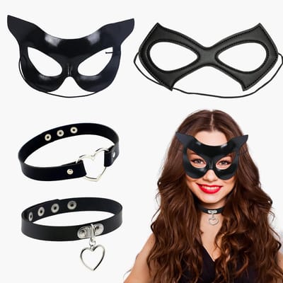 Dailygoody - Catwoman Masker en Choker Set - 4 Stuks Dames Kostuum - Zwart - Halloween Cosplay - Perfect voor Feesten - Inclusief Choker
