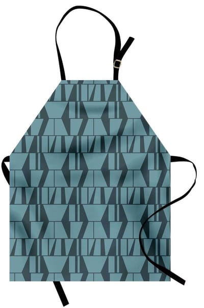 ABAKUHAUS Groene kookschort in moderne Art-Decostijl, minimalistisch patroon van geometrische vierkanten en driehoeken, kleurvast, verstelbaar, wasbaar, digitaal bedrukt, benzineblauw en donkerblauw