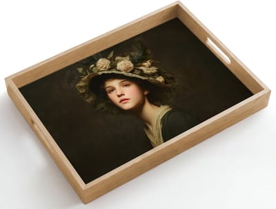 Dienblad hout 50x35 cm - Schootdienblad - Bloemenhoed - Portret - Vrouw - Borrelplank rechthoek - Plateau dienbladen