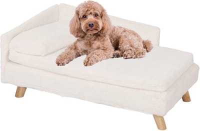 Famanu – Hondenbank -luxe -met rugleuning -pluche kussen -houten poten -verhoogd hondenbed -hondenbank voor middelgrote en kleine honden -kat