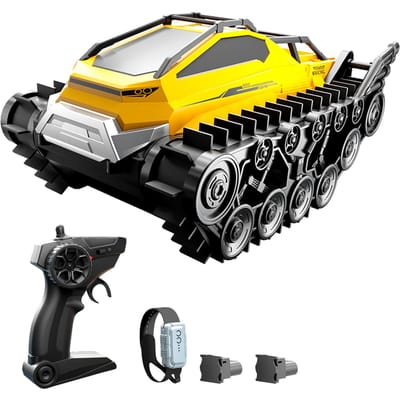 Voiture de cascade télécommandée, véhicule blindé amphibie 2,4 GHz, jouet tout-terrain terrestre et aquatique avec 3 2 Battery jaune/noir