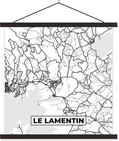 Posterhanger incl. Poster 60x60 cm - Schoolplaat - Stadskaart - Plattegrond - Le Lamentin - Kaart - Frankrijk - Zwart wit - Textielposter - Zwarte latten - Stadskaart