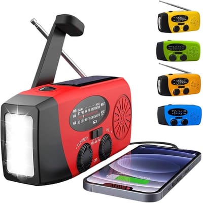Draagbare noodradio - Powerbank 2000 mAh - Zaklamp - Solar opwindbaar - SOS alarm - USB-C kabel - Noodpakket - Kunststof - Oplaadbaar via batterij, zon, USB en opwinden - Powerbank - Zaklamp