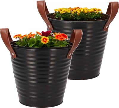DK Design Plantenpot/bloempot emmer Leather- 2x - zink - zwart - D16 x H15 cm