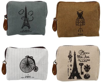 Dailygoods- Muntzakken Vintage Design - Mini Portemonnee - Canvas - Ritssluiting - 4 Stuks - Praktisch voor Kleingeld en Kaarten