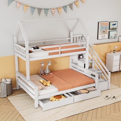 OKWISH Stapelbed 90x200 cm – Dakontwerp en Trapkast met Bergruimte – 2 Uittrekbare Laden op Wielen – Hout/MDF – Wit – Zonder Matras