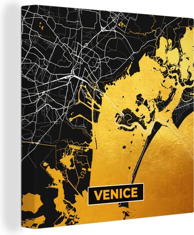 Canvas Schilderij Kaart - Venetië - Goud - Plattegrond - Stadskaart - 20x20 cm - Wanddecoratie