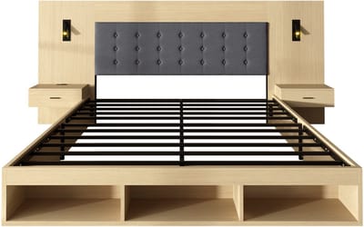 DESMIU Bed 180x200 cm - Opbergbed Met Hoofdbordverlichting En Oplaadpunt - Zijtafels En Open Opbergruimte - Tweepersoonskamer - MDF - Licht Eiken - Zonder Matras