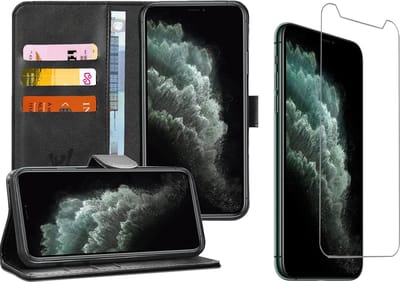 Hoesje geschikt voor iPhone 11 Pro - Screen Protector GlassGuard - Book Case Kunstleer Pasjeshouder Zwart & Screenprotector