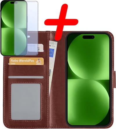 Hoesje Met Screenprotector - Geschikt voor Apple iPhone 15 - Luxe Pasjeshouder - Bookcase Portemonee - Flip Case - Kunstleer Book Case - Flipcase - Book Cover - Walletcase - Portemonneehoes - Bruin