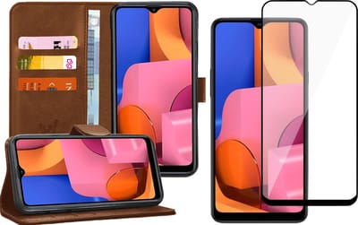 Hoesje geschikt voor Samsung A20s en Screenprotector - Book Case Kunstleer Wallet Cover Bruin + Screen Protector Glas Full Screen