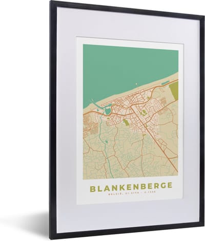 Fotolijst incl. Poster - Plattegrond - België - Kaart - Vintage - Blankenberge - Stadskaart - 30x40 cm - Posterlijst