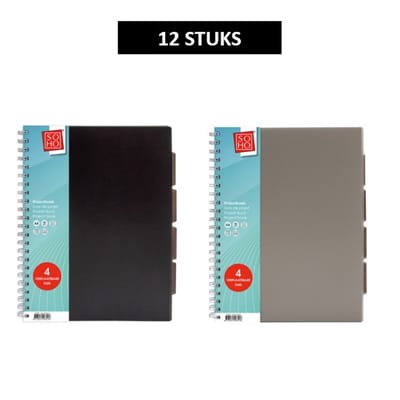 SOHO Projectboek – Collegeblok – Lijntjespapier – 4 verplaatsbare tabs – 23 rings – 120 vellen – A4 – Zwart/Grijs - 12 Stuks