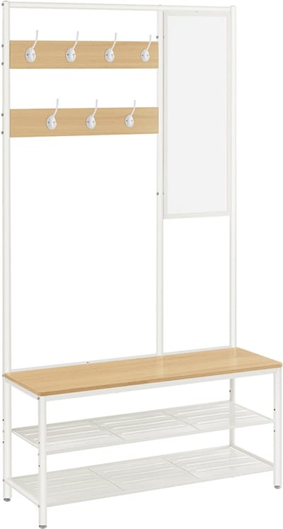 Kapstok met Schoenenrek & Bank – Inclusief Spiegel en Haken – Halmeubel Modern – 98 cm Breed – Eiken/Wit