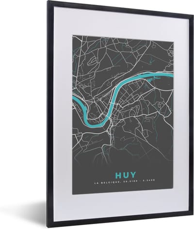 Fotolijst incl. Poster - Plattegrond – Huy – Blauw – Stadskaart - Kaart - België - 30x40 cm - Posterlijst