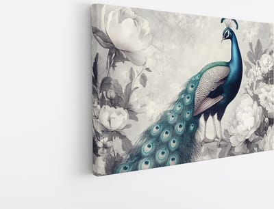 Saammp Canvas Schilderij - Pauw met witte Bloemen - Dieren - Natuur - 45x30 - Foto op canvas - Wanddecoratie - muurdecoratie Woonkamer - Slaapkamer decoratie - Canvas Print