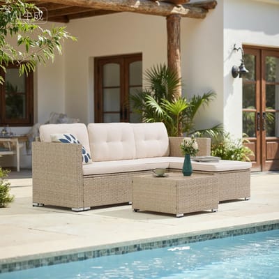 Loungeset Tuin 3-4 Personen 121,7x60x65,5 cm – 3-Delige Rotan Lounge met Bank & Salontafel – Weerbestendige Zithoek voor Balkon, Terras & Tuin – Beige – Urbanhome