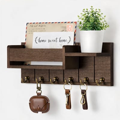 Sleutelrek Wand met Posthouder en Plank – Houten Sleutelhouder met 6 Haken – Wandrek voor Sleutels en Post – Hal Organizer – Donkerbruin