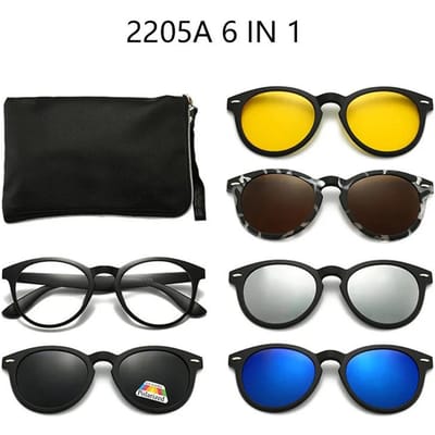 6-in-1 Zwart Clip-On Rond Ovaal Plastic Montuur Met 5 Stuks Clip-On Zonnebrillen Magnetische Bril Mannen Optisch SHOW AS PICTURE