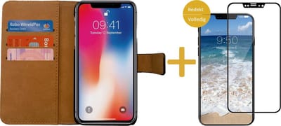 Hoesje Kunstlederen Bookcase geschikt voor Apple iPhone Xs / X + Screenprotector Volledig Dekkend Zwart - Portemonnee Wallet Zwart van iCall