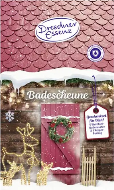 Kerst Wellness & Beauty Geschenkset | Bad Schuur - Set van 6 | Dresdner Essenz 5x Bubbelbad - 1x Douchepeeling - Handcrème | Kerstcadeau Beauty - Cadeauverpakking - Kerstgeschenk Verzorgingsproducten
