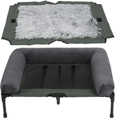 Bingopaw hondenmand - Verhoogd hondenbed voor buiten - Huisdierenmand voor kleine honden - Huisdierenmand met ademend textielnet en zachte pluche mat - L 90 x 70 cm