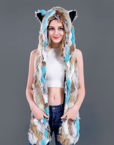 KIMU® Hood Wolf Muts Lapjes - Bruin Wit Blauw Skimuts Bontmuts Spirit Festival