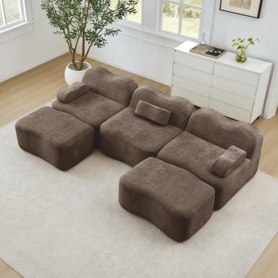 3-Zits-Modulaire-U-Bank-Met-2-Poefs-Fluweel-Bruin-Golvend-Design