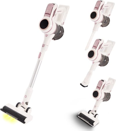 VANJOOL® Steelstofzuiger Draadloos – 120W Krachtige Accu Stofzuiger – 2-in-1 Kruimeldief – 9 kPa Zuigkracht – Zakloos – Inclusief 3 Opzetstukken – CleanDetect Technologie – Wit / Roze