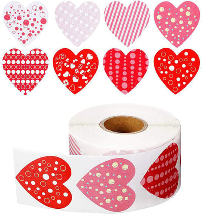 DW4Trading Stickerrol Rode Gestreepte Hartjes - Sluitstickers - Ø 2,6 cm - 500 Stuks