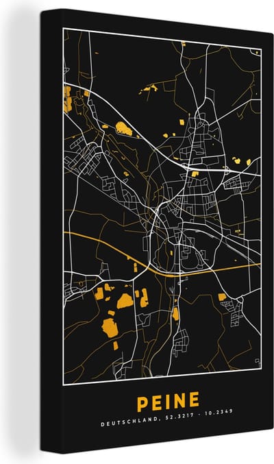 Canvas Schilderij Peine - Stadskaart - Black and Gold - Kaart - Duitsland - Plattegrond - 20x30 cm - Wanddecoratie