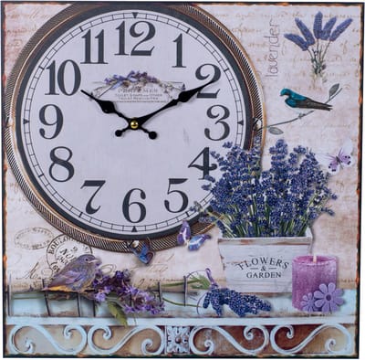 Canvas Schilderij Klok - Wandklok - LAVENDEL BLOEMEN & TUIN- Schilderijen met Klok - Woonkamer - Keuken - 38x38 Cm