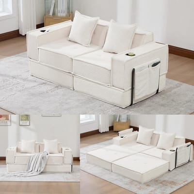 2-Zitsbank, Moderne Tweepersoons Slaapbank met een Comfortabele Stoffen Bank en twee Kussens, Een Stijlvolle, Decoratieve Voetenbank met Opbergruimte aan de Zijkant en Bekerhouders, Ideaal voor Leeshoekjes, Speelkamers, enz.-Beige