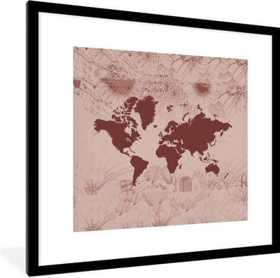 Poster in lijst - Fotolijst 40x40 cm - Posters - Wereldkaart - Rood - Planten - Posterlijst zwart - Decoratie - Wanddecoratie woonkamer - Muurdecoratie slaapkamer