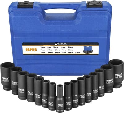 Diepe Impactdopset 1/2" - 16-delige Metrische Doppenset 10-32 mm - Cr-V Staal met Opbergkoffer