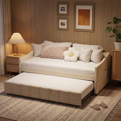 Polsterbett 140x200 cm Samt Beige – Bett mit Stauraum & Lattenrost, Hubbett mit LED Kopfteil, Chesterfield Design mit Nieten