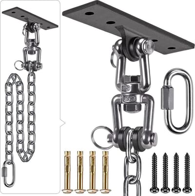 Hangende kits - zware schommelhanger met ketting voor hangmat stoel - binnen en buiten - speeltuin opknoping - bokszakken - 4 schroeven - 600 lbs capaciteit - 1 m - 360 ° rotatie